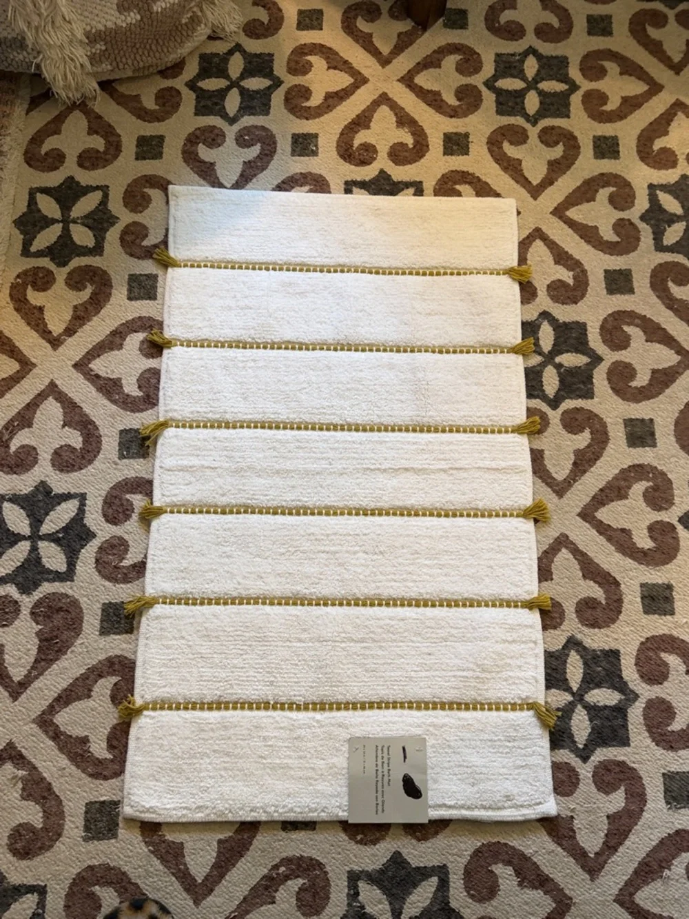 West Elm Tassel Stripe Bath Mat - Cream with Mustard Stripe 20 x 34 inches